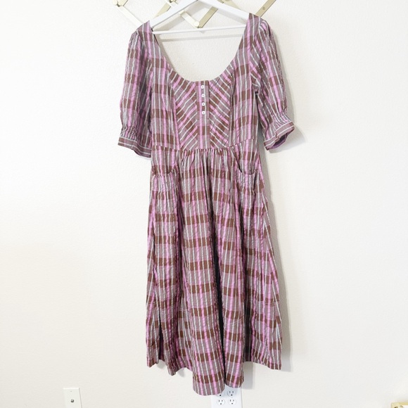 NEW Free People Tulie Plaid Midi Button Front Puff Sleeve Dress Pink Brown Combo - Picture 5 of 10